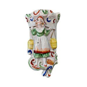 Vintage Girl Carrying Water Buckets Wall Pocket Vase Made In Japan Decor